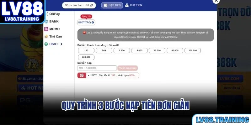 Quy trình 3 bước nạp tiền đơn giản