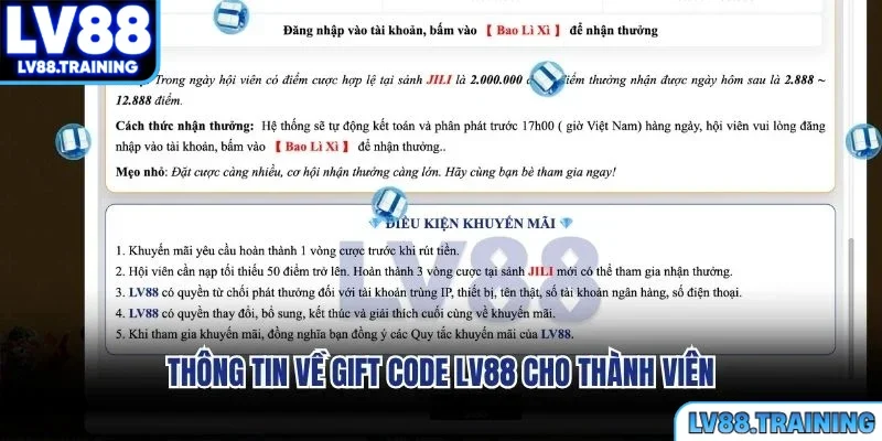Thông tin về gift code LV88 cho thành viên